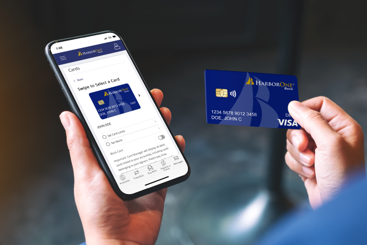 Image of HarborOne debit card and Card Manager within mobile banking